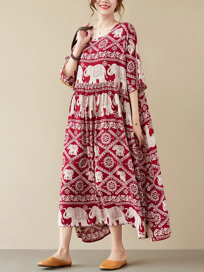 Summer Loose Silken Floral Long Dr Vintage A-Line Skirt Women's plus Size Clothing Comfortable Wide Hemline Retro Sle