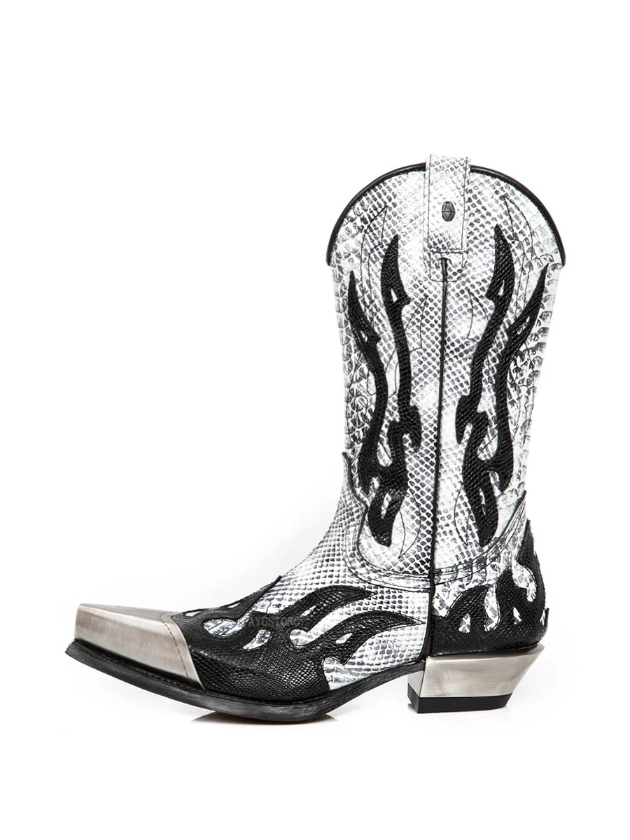 Embroidered Flame Colorblocked Knee-High Boots Fashionable Pointed Toe Thick-Heel Knight Botines Large-Size Men Botas Femininas