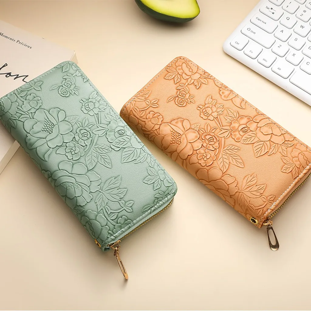 Women's Long Zipper Wallet, Premium PU Embossed Floral Large Capacity Multi-functional Phone Purse for Daily Use