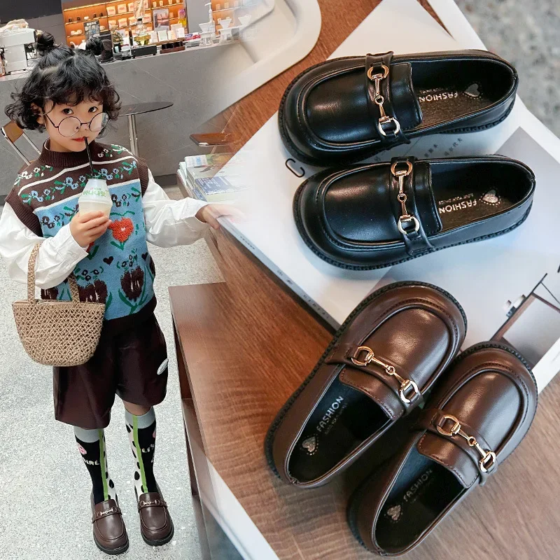 2024 Spring New Girls British Boys Leather Shoes Children Soft Mary Janes Metal Kids Fashion Casual Solid Black Slip-on Loafers