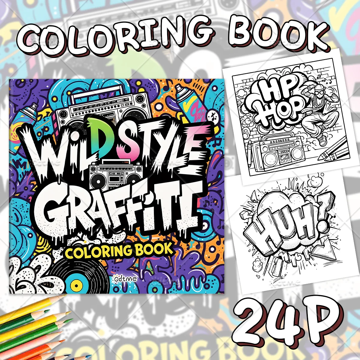 Wild Style Graffiti Coloring Book for Adult Featuring Old Woman Portrait DIY Painting Drawing Book for Relaxation and Anxiety
