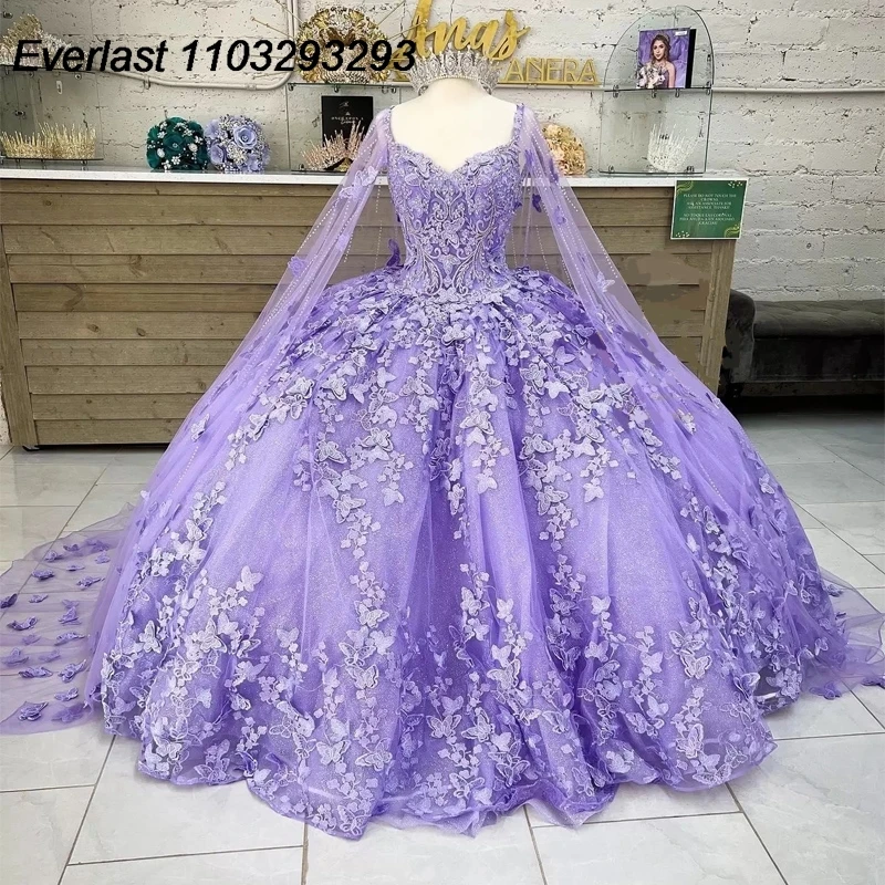 EVLAST-Vestido De Quinceañera De mariposa azul cielo brillante, Vestido De baile, apliques De encaje con cuentas, capa dulce 16, 15 años, TQD308