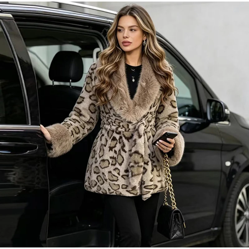 Tie Waist Faux Fur Coat Leopard Pattern Shawl Lapel Furry Cuff Splicing Long Sleeve Loose Chic Jacket 2026 Women's Fashion Coats