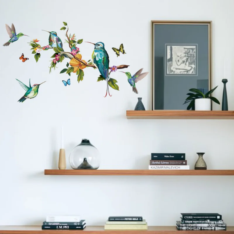 Colored Butterfly Branch Bird Wall Sticker Cartoon Children's Bedroom Background Decor Kindergarten Classroom Stickers Removable