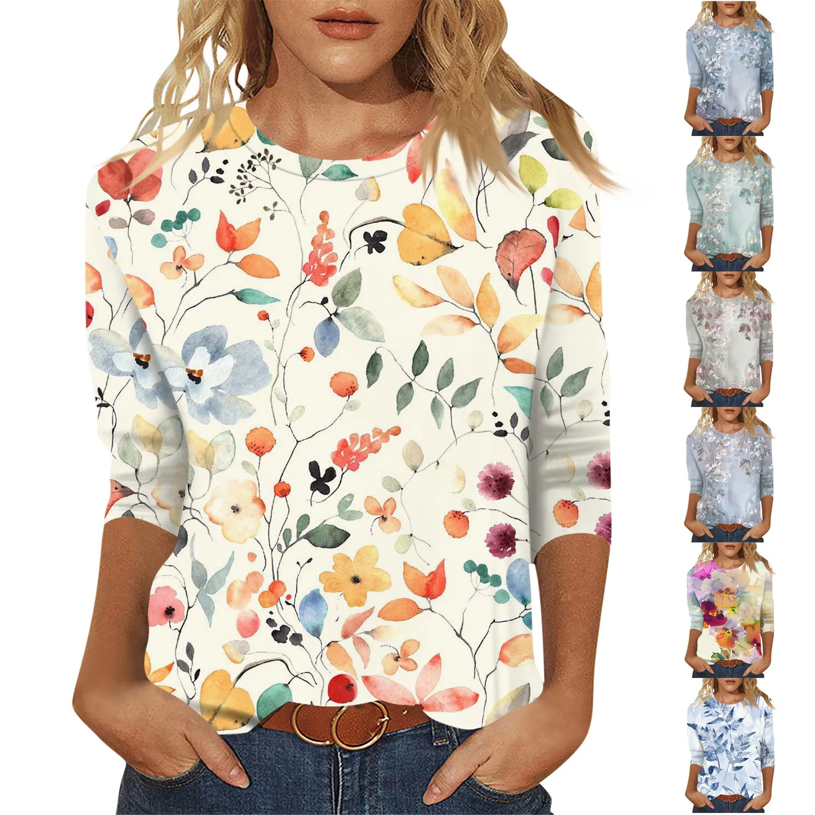 2025 spring casual fashion loose printed T-shirt ladies casual round neck long rendering elegant and beautiful tops for women