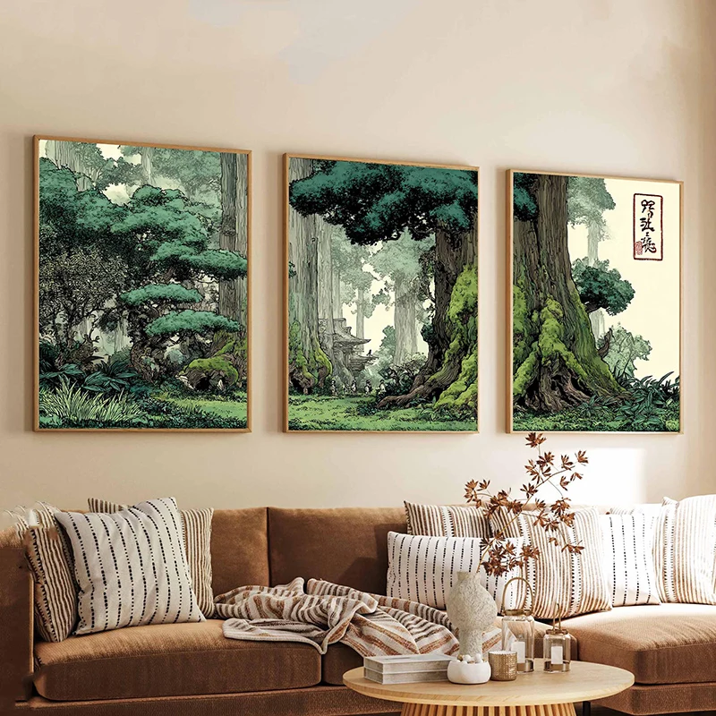 Juego de 3 Pósters Botánicos de Anime Japonés, Impresión Vintage de Bosque, Cuadro en Lienzo, Arte de Pared para Decoración de Sala de Estar, Cuadros