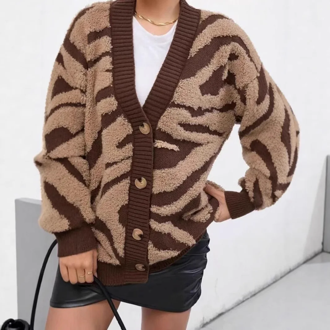 

Cardigan Women Sweaters Leopard Print V Neck Full Sleeve Jumpers Y2k Streetwear Elegant Splice Knit Open Stith Autumn Winter
