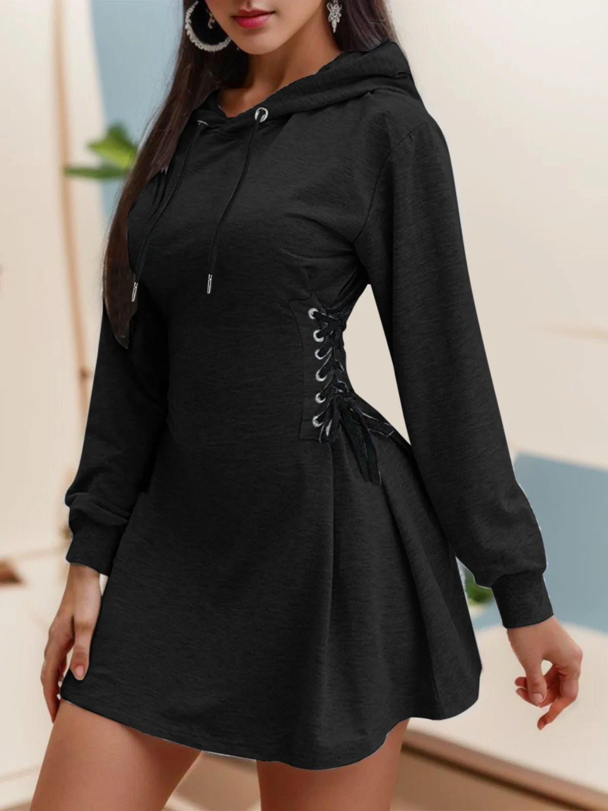 

Nice Woman Women's Clothing Hoodies Sweatshirts Women's Slim Fit Waist Cinching Strap Drawstring Long Hooded Sweatshirt Sweatshi