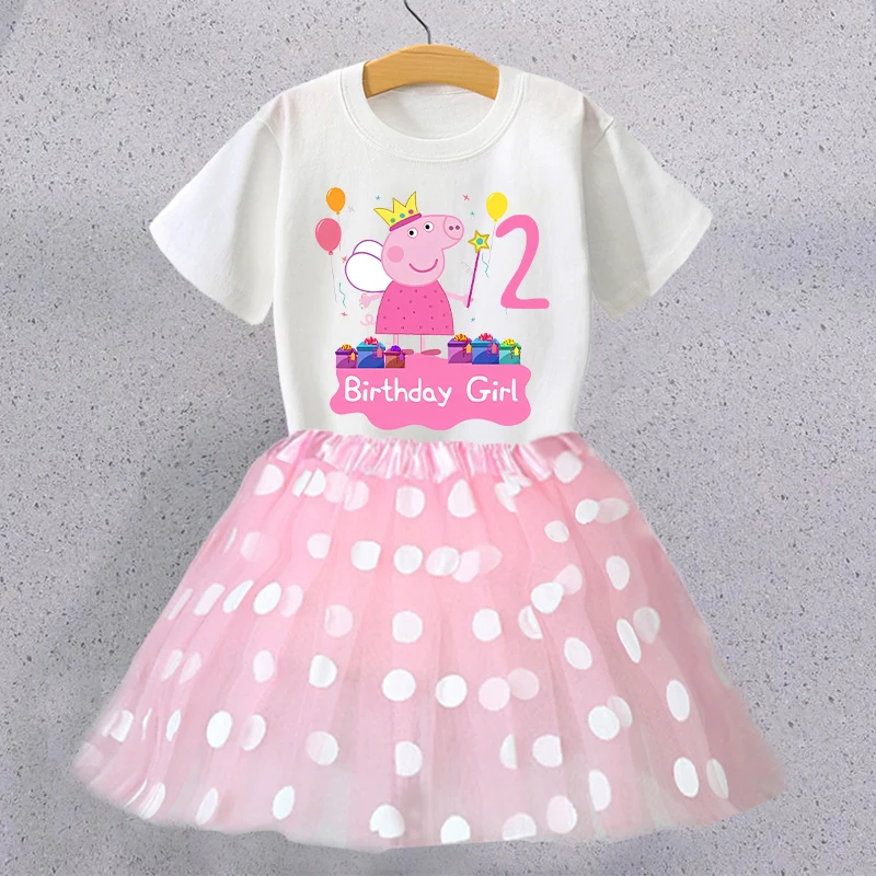 Conjunto de camiseta e saia com número de aniversário da Peppa Pig para crianças, camiseta com figura de desenho animado, saias rosa kawaii, roupas de