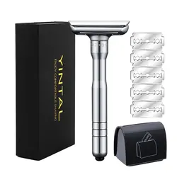 YINTAL Silver Adjustable Safety Razor Safer Press to Open Blade Replacing System 1 Razor 1 Blade Disposal Case & 5 Blades