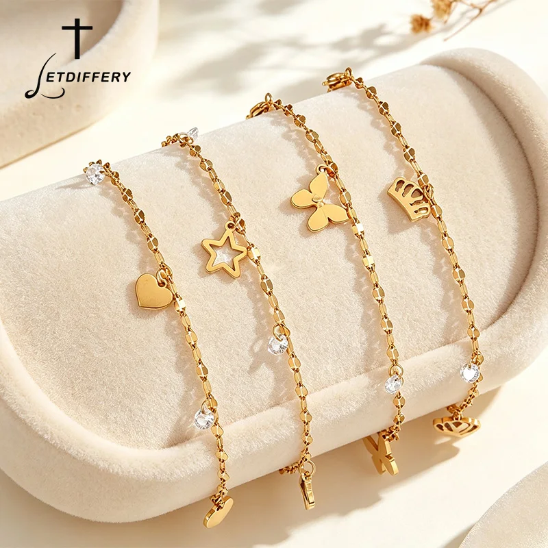 Letdiffery Boho Gold Plated Stainless Steel Anklet Bracelet for Women Heart Star Butterfly Crown Charm Summer Beach Foot Gifts