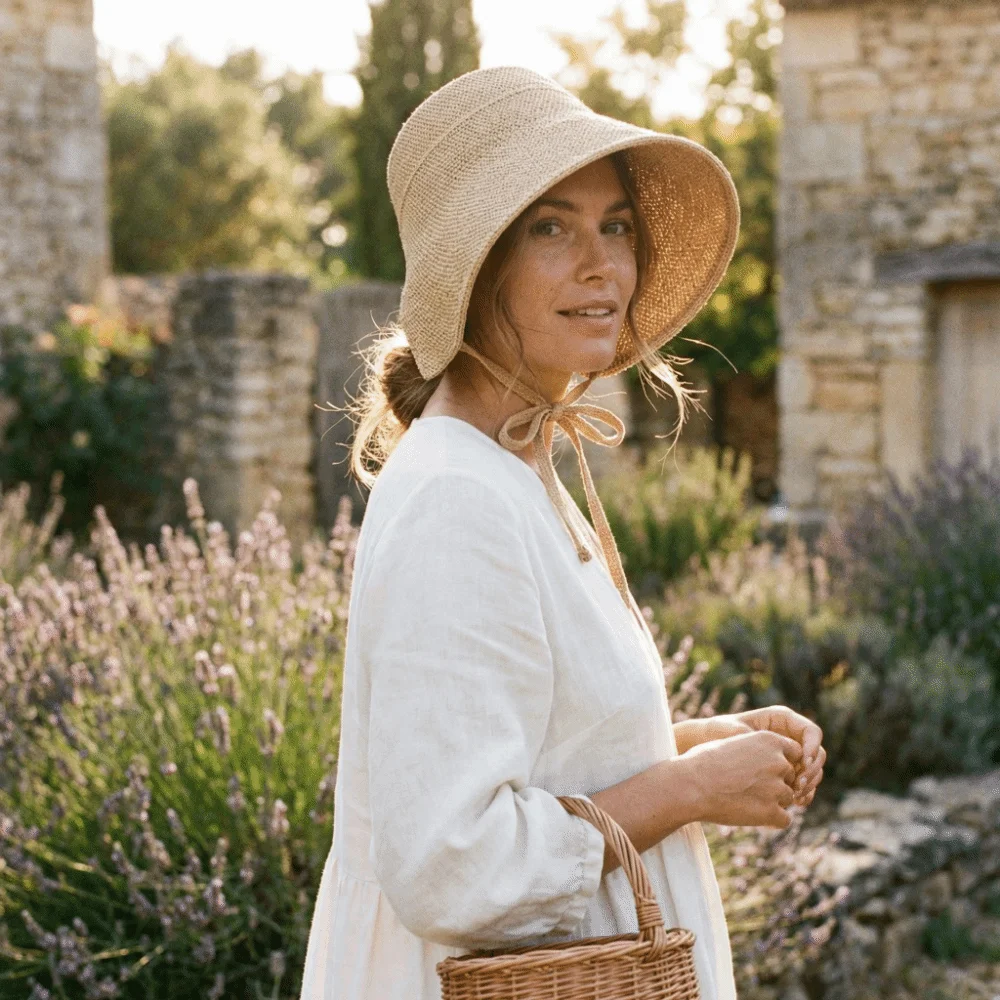 Lace Up Closure Linen Straw Bonnets Geometric Pattern Bow Accent Sun Protection Hat Round Top Cotton Linen Wide Brim Cloche Hat