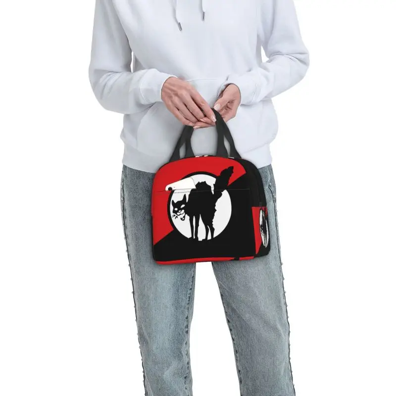 Bolsa de almuerzo aislada con bandera de gato negro anarquesta para la escuela, enfriador térmico impermeable, Bento Box, bolsas de mano para contenedor de alimentos para mujer