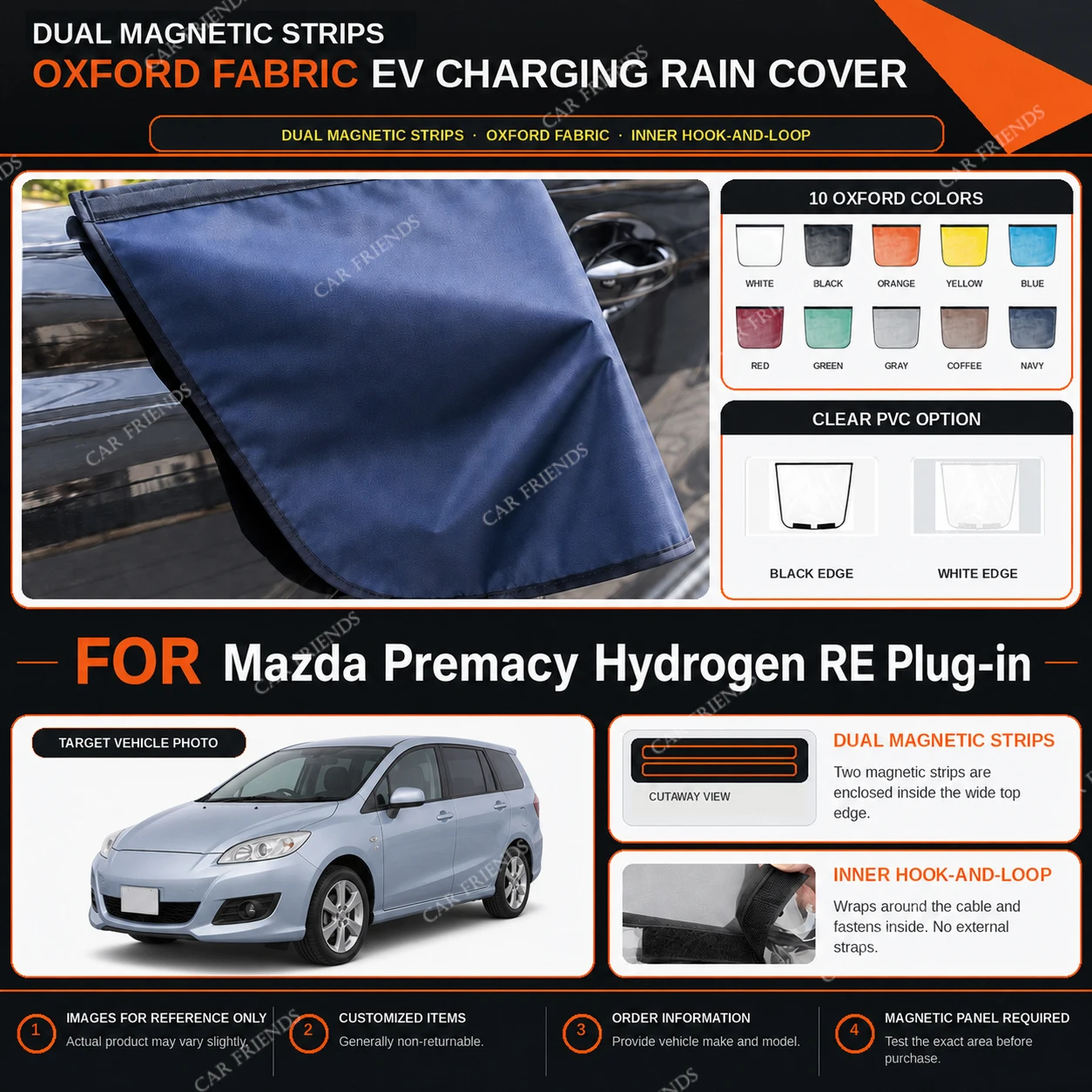 For Mazda Premacy Hydrogen RE Plug-in Oxford Fabric EV Charging Port Rain Cover with Dual Magnetic Strips Water-Repellent