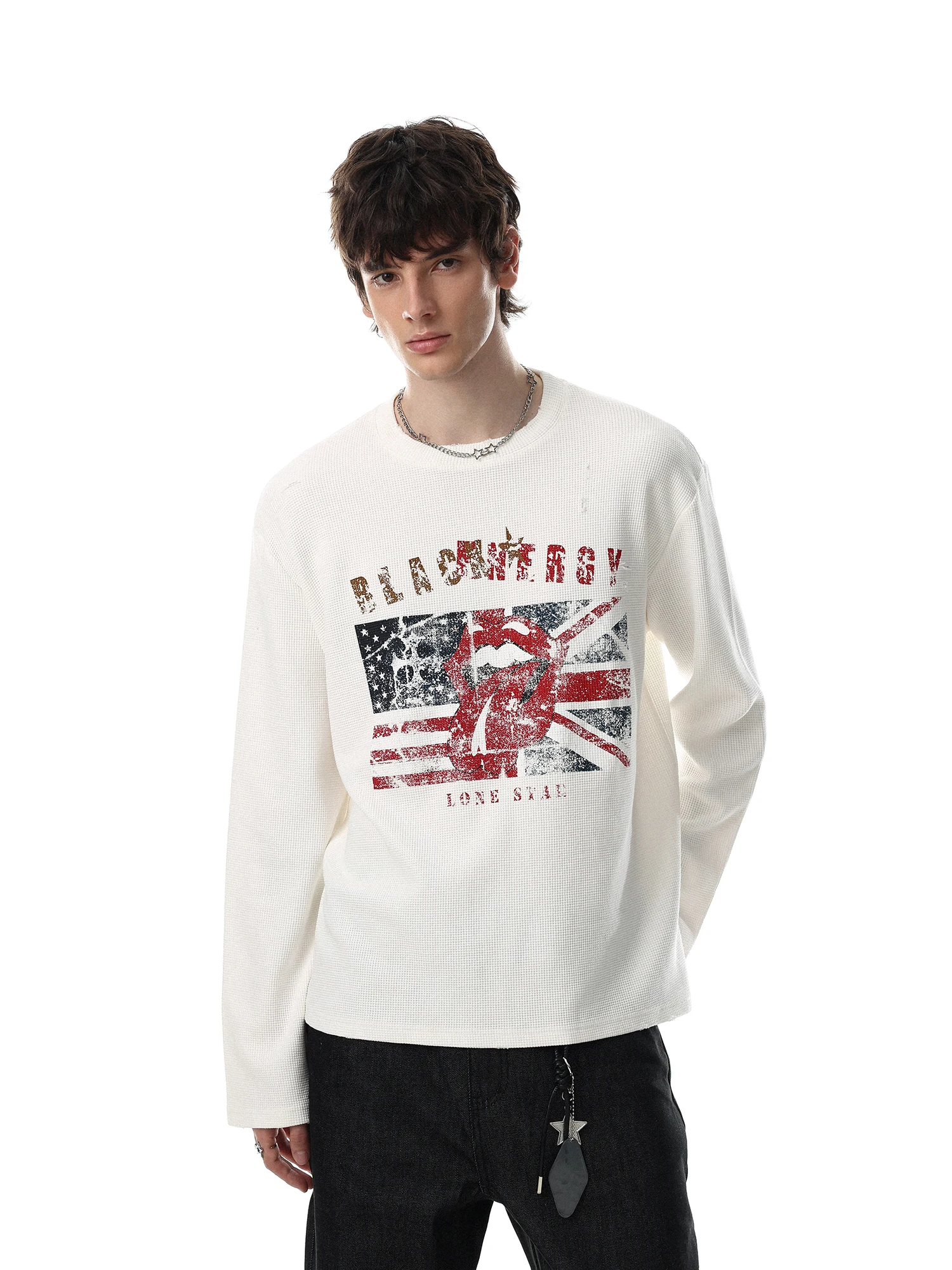 MRNEARLY American Retro Waffle Print Long Sleeve T-Shirt Men's round Neck Street Style Light Cotton Blend Loose Fit Top