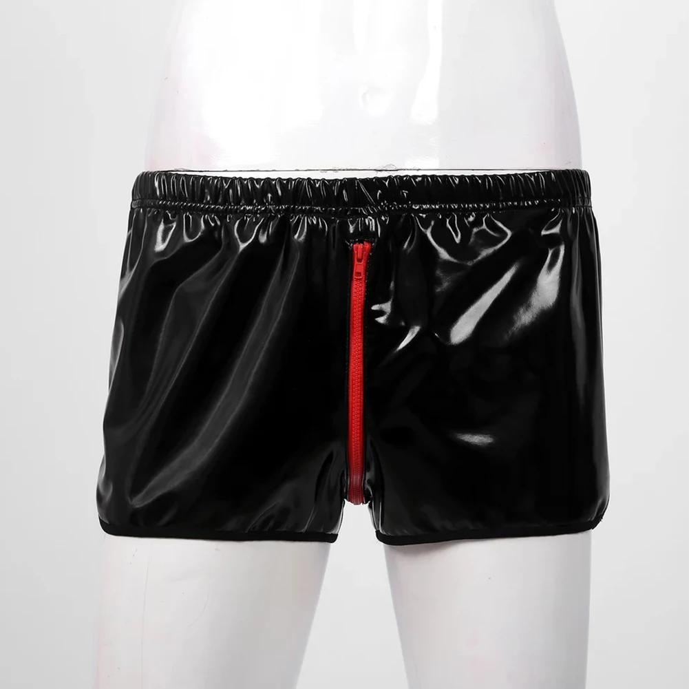 Fashionable Faux Leather Zip Shorts, Mens Wet Look Underwear Boxer Briefs Trunks, Black Color, Sizes M~4XL, Asian Size