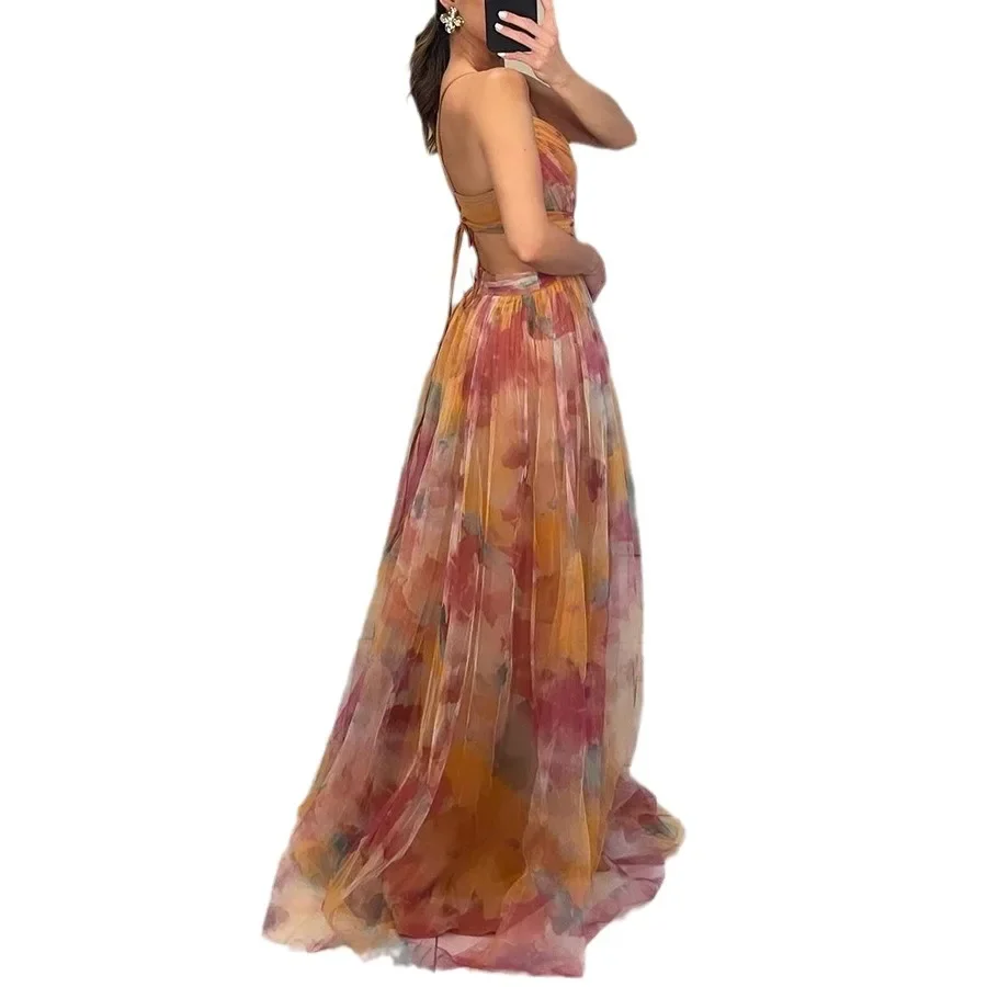Vrouwen nieuwe mesh afdrukken riem mouwloze jurk casual feestjurk sexy losse lange maxi-jurk