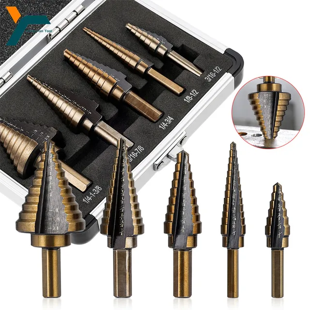 5 szt. wiertło stopniowe z prostym rowkiem Pagoda Hole Cutter Metal Cone Drill Bit Hole Opener 3/16" 1/2" 1/4" 3/4" 1-3/8" 7/8" 1/8"