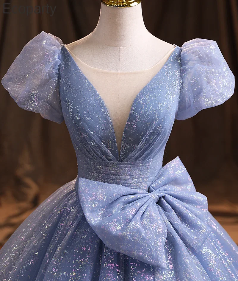 Women Glitter Prom Gown Puff Sleeves Princess Dress Blue V-Neck Sparkling Robe Stage Show Perform Costume Evening Party Vestidos