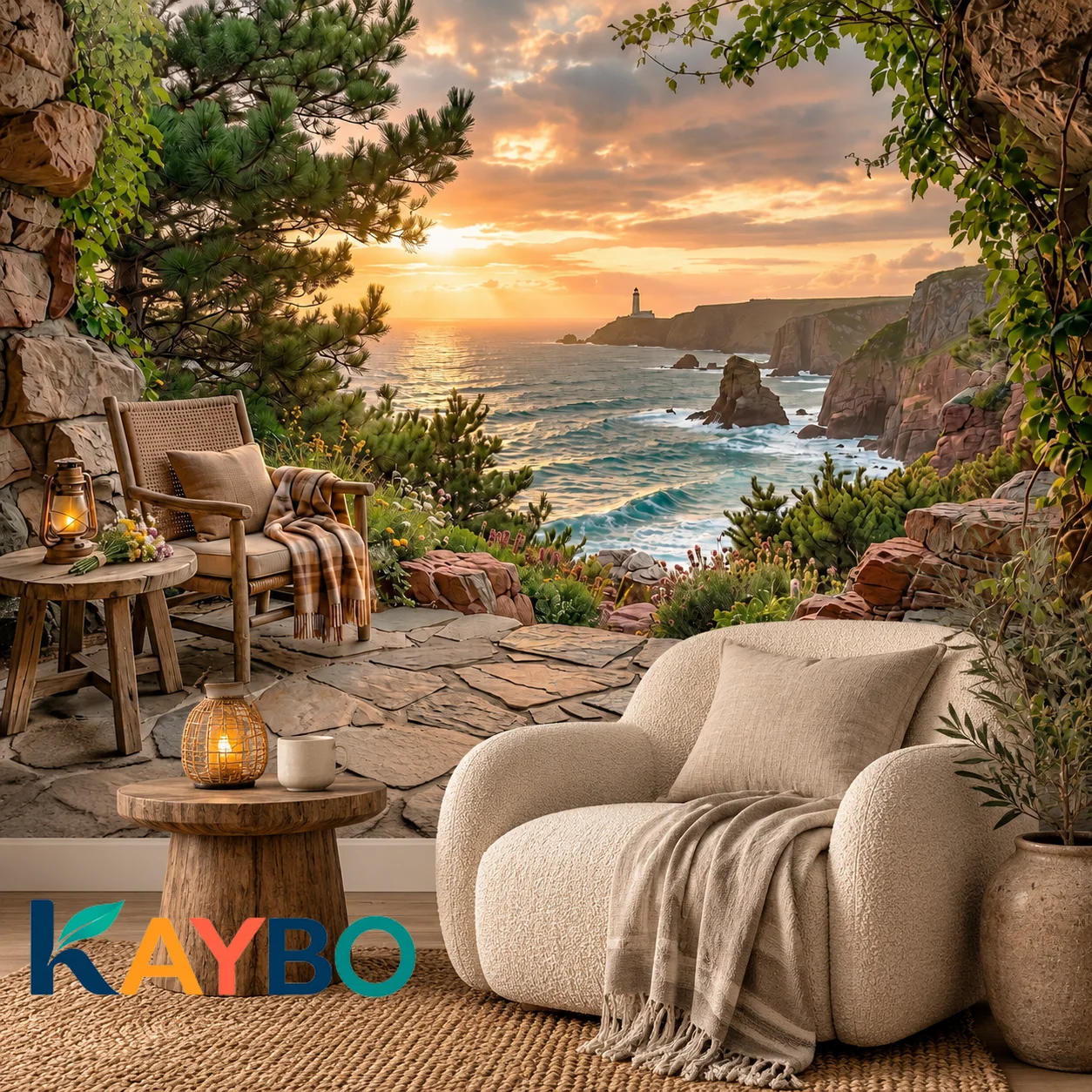 Coastal Landscape Wallpaper Mural Sunset Ocean View Lighthouse Seaside Cliffs Panoramic Wall Decor Living Room Non Self Adhesive