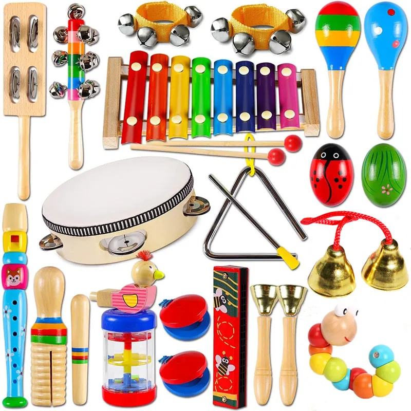 Kids Wooden Musical Instrument Toys Educational Montessori Early Learning Toys Baby Rattle Bell Drum Xylophone Toy Children Gift