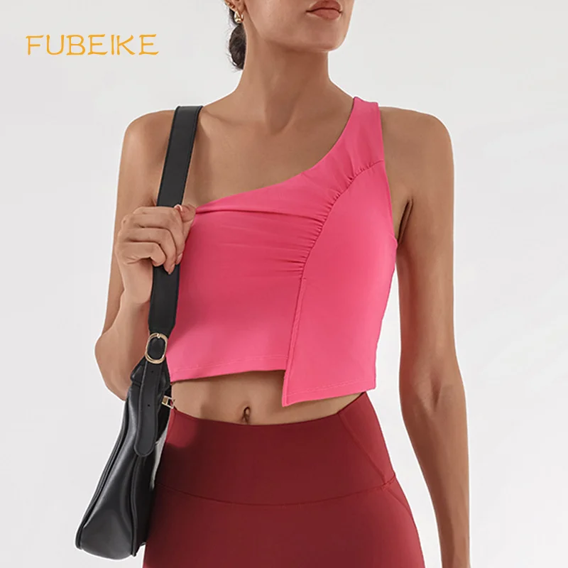 

FUBEIKE Sports Fitness Vest Women Irregular One-Shoulder Pleated With Chest Pad Sports Bra Woman Quick-Drying Yoga Training Top