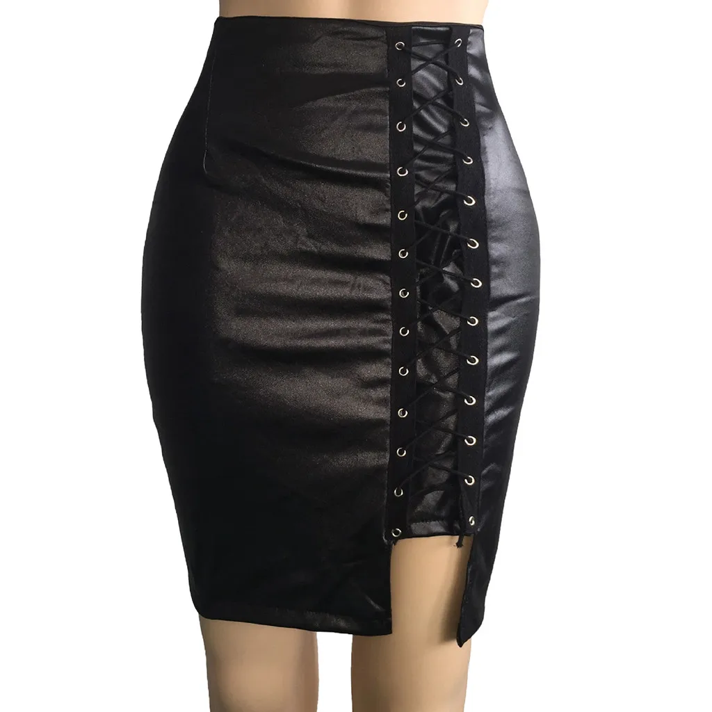 Ladies High Waisted Split Skirt Bandage PU Leather Sexy Wrap Hip Skirts Solid Color Tight Fitting Knee Length Half Body Skirt