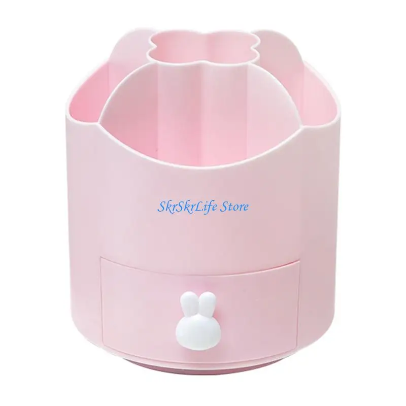 E65E Rotating Desk Organiser Tray 5 Compartments Plastic Pen Stand with Drawer For Pencils Marker Paper Clips Makeup Brush