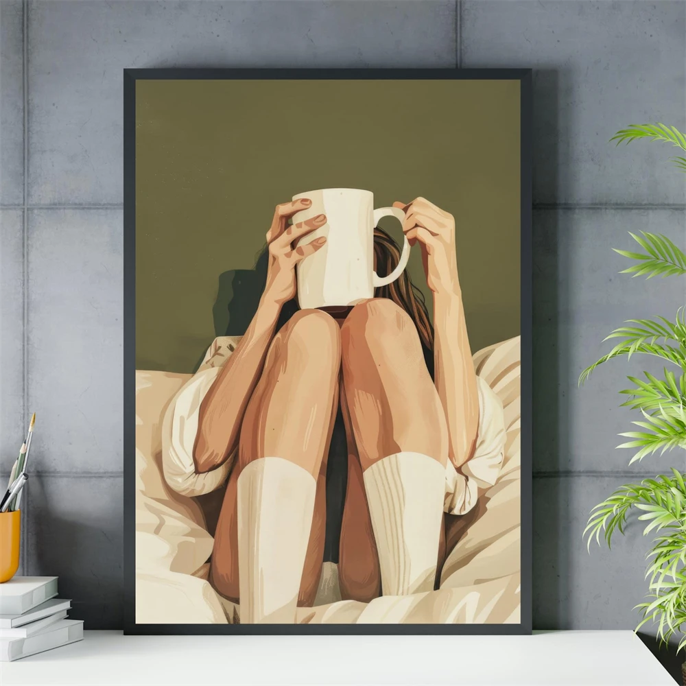 Woman and Black Cat Art Print Poster Minimalist Gouache Illustration Prints Figurative Woman & Bengal Cat Art Print Retro Canvas