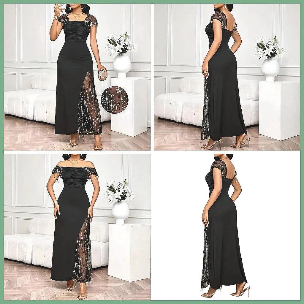 Elegant Black Lace Long Dress with Diamond Waist & Slit, Summer Party & Office Dress