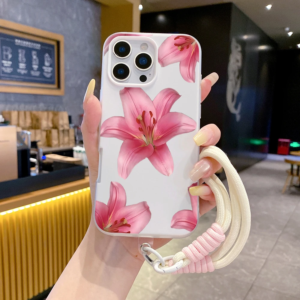 Pink Lily Flower Wrist Strap TPU Phone Case For iPhone 17 11 13 12 14 15 16 Pro Max XS XR 7 8 Plus 17 Air With Lanyard INS Cover view 5
