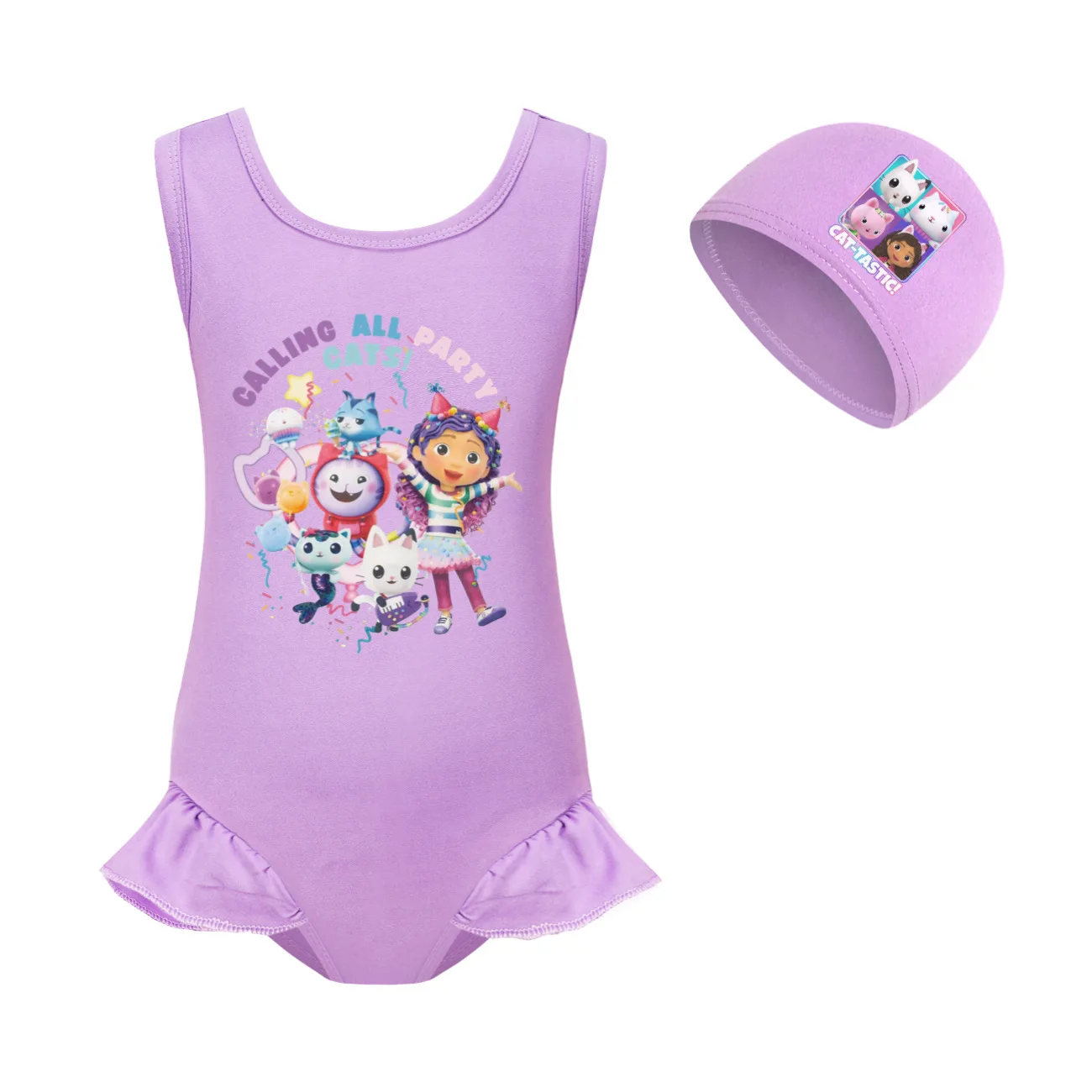 New GABBY DOLL HOUSE Clothes Kids Summer One-Piece Swimsuit for Girls Gaby Chat Bikini Children Sleeveless Ruffles Swimwear&Cap