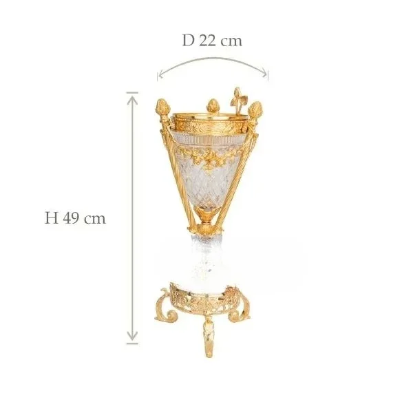 Golden brass incense burner, high carved crystal body ornate decorative base and classical luxury design