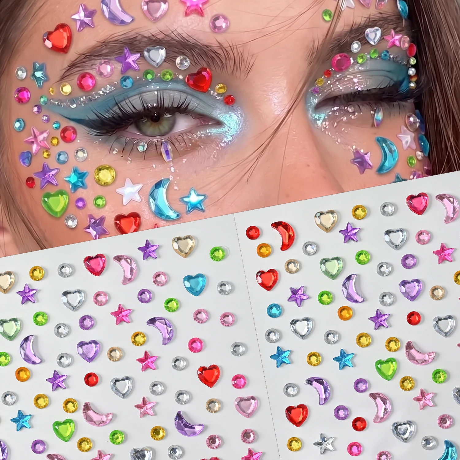 1/2Pcs Multicolor Face Jewels Stickers Mixed Star Moon Heart Round Gems Self Adhesive Decal for Festival Party Makeup Body Decor