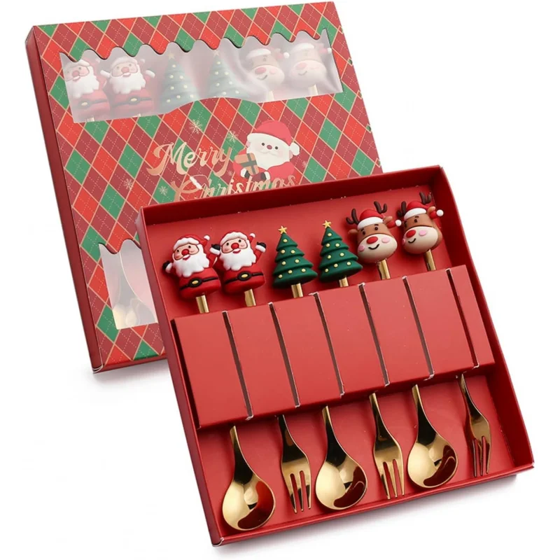 Juego de cucharas navideñas de acero inoxidable, cucharas de postre navideñas de 6 piezas, diseño de árbol de Papá Noel, regalo perfecto para fiestas festivas