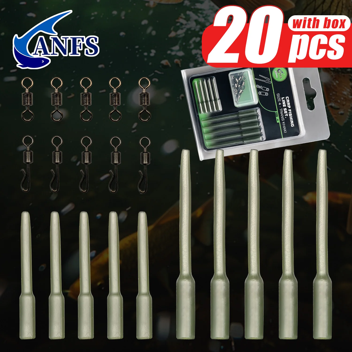 ANFS Karpfen-Angelblei-Clips und Schwanzgummis-Set – 20-teiliges End Tackle-Set mit Anti-Tangle-Ärmeln, Schnellwechselwirbel für Angler