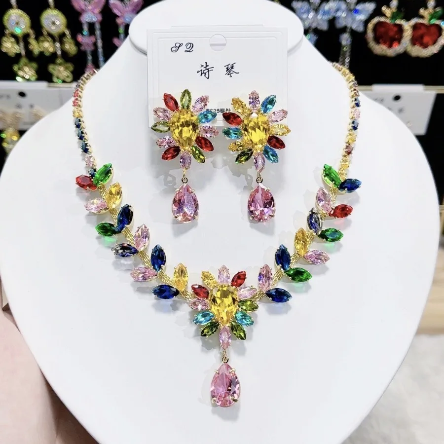 

Elegant Crystal Jewelry Set for Women CZ Cubic Zirconia Sparkling Necklace Earrings Sets S925 Post Bridal Jewelry Accessories