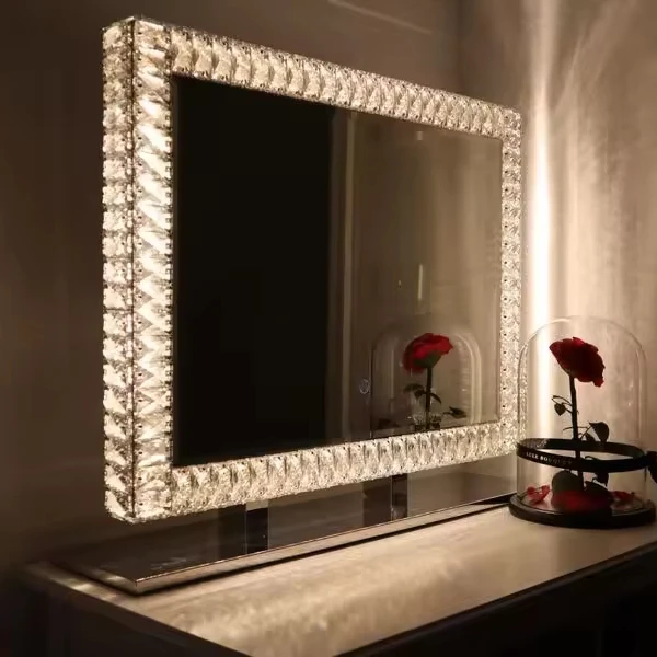 Makeup Mirror,Tabletop LED Light Smart Touch Sensor,Crystal Diamond Vanity Mirror with 3 Mode Dimmer,Silver