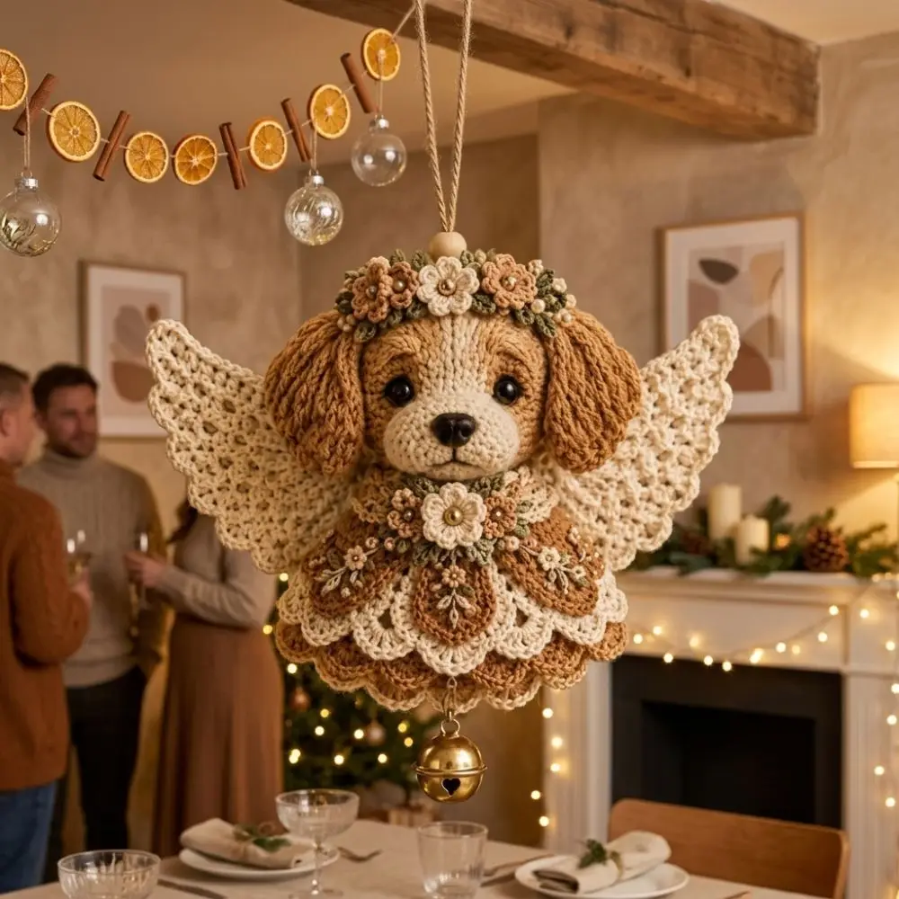 Vintage Floral Animal Crochet Ornament DIY Kit with Bell Puppy Lamb Cute Animal Hanging Decor Set Hand-Knit Plush Stuffed