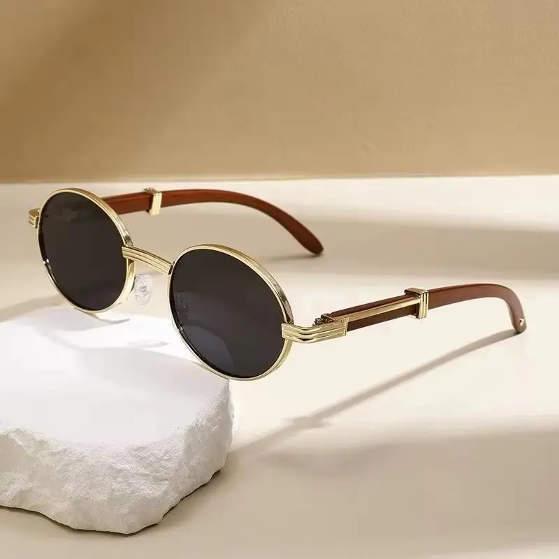 Retro Metal Oval Sunglasses New Stylish Wood Grain Leg Gradient Shades Brand Design Sun Glasses Outdoor Anti-UV