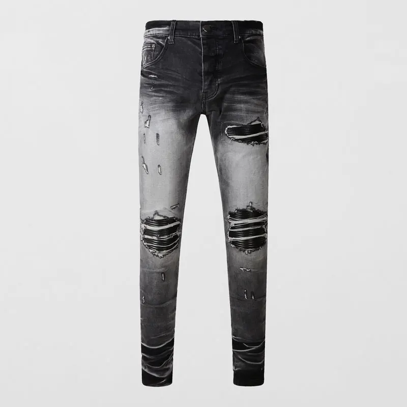 Men Grayish Black Distressed Striped Patchwork Ripped Elastic Slim Denim Jeans Retro Trendy Urban Denim Jeans hombre