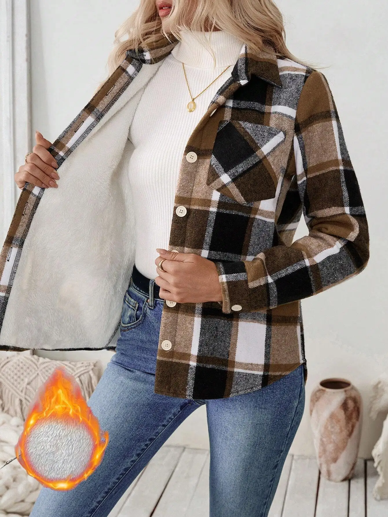 

Autumn Winter Ladies Weave Long Sleeve Blouses Shirts Loose Casual Female Women Woolen Lattice Long Blouse Shirt Jacket Surcoats