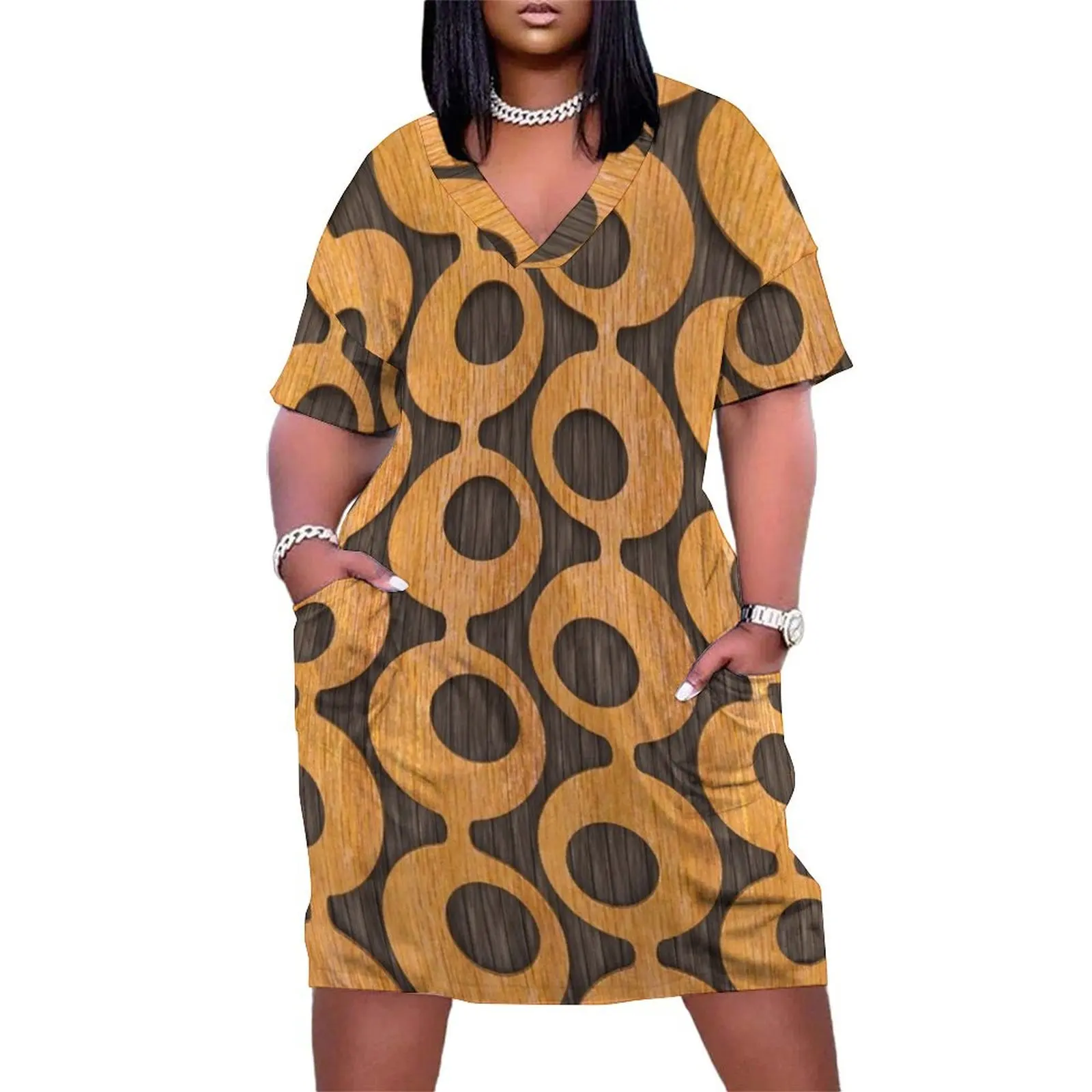 

Mid-Century Wood Furniture Pattern Loose Pocket Dress womans clothing birthday dress for women luxury 2024 Women"s long dress