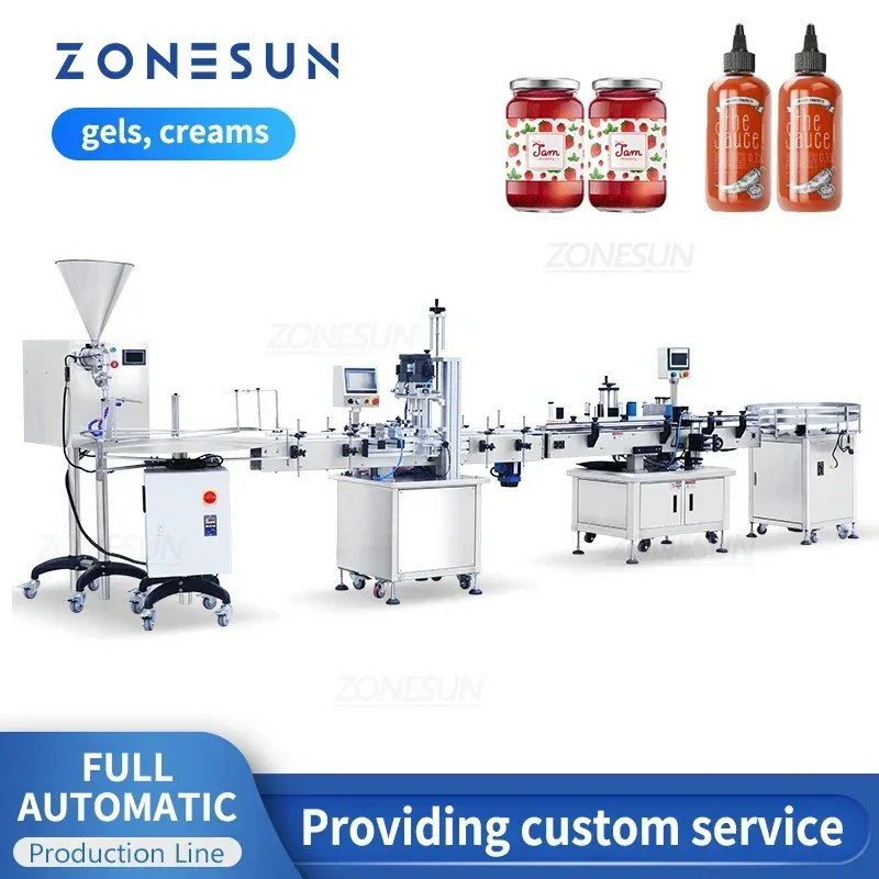 

ZONESUN ZS-FAL18X9 Automatic Paste Filling Screw Capping Round Bottle Labeling Machine with Unscrambler for Sauce Honey Cream