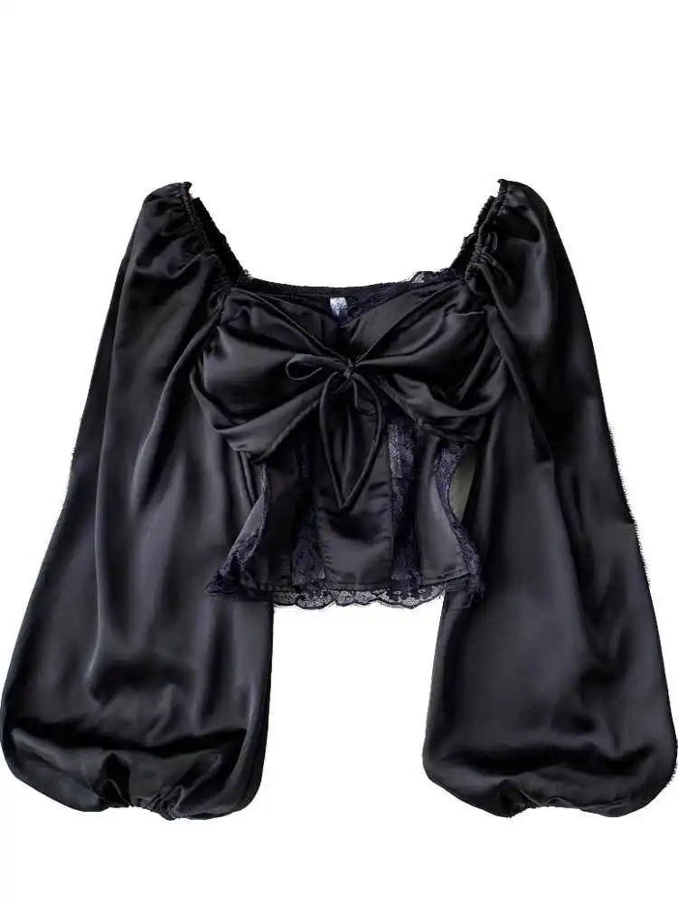 Women's Flower Print Bow Shirts Blouses Y2k 90s Vintage Korean 2000s Square Collar Long Sleeve Cropped Shirt Clothes Summer 2025