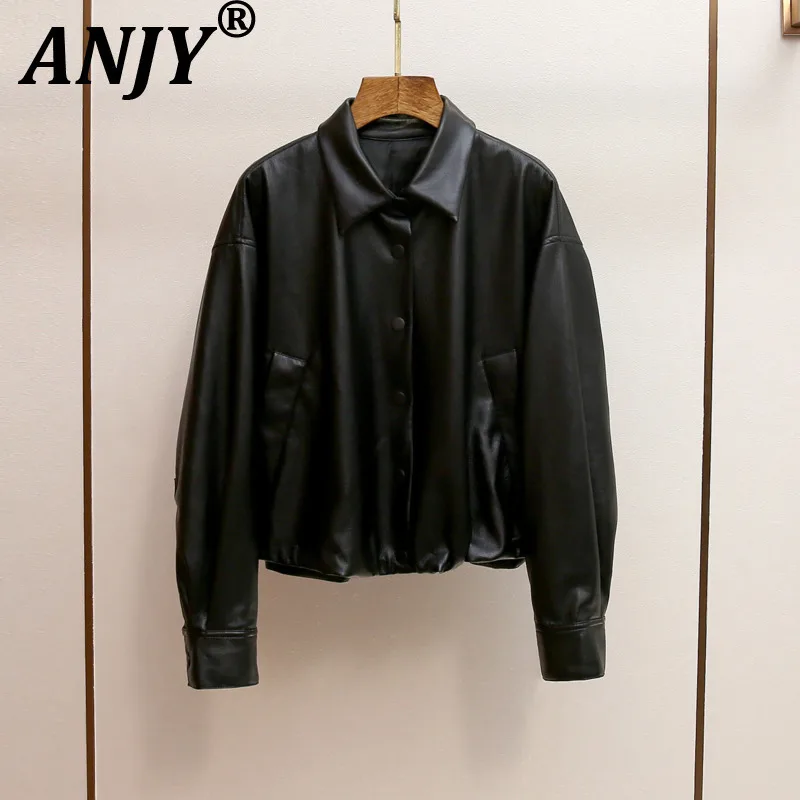 

ANJY Autumn Winter New Women High-End Fashion Temperament Hot Girl Motorcycle PU Leather Jacket Chic Single-Breasted Coat A15250