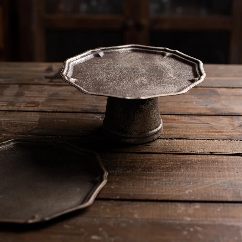 

Vintage Metal Dessert Tray French Style Distressed High-Legged Fruit Plate Home Storage Photography Props Antique Photo Prop