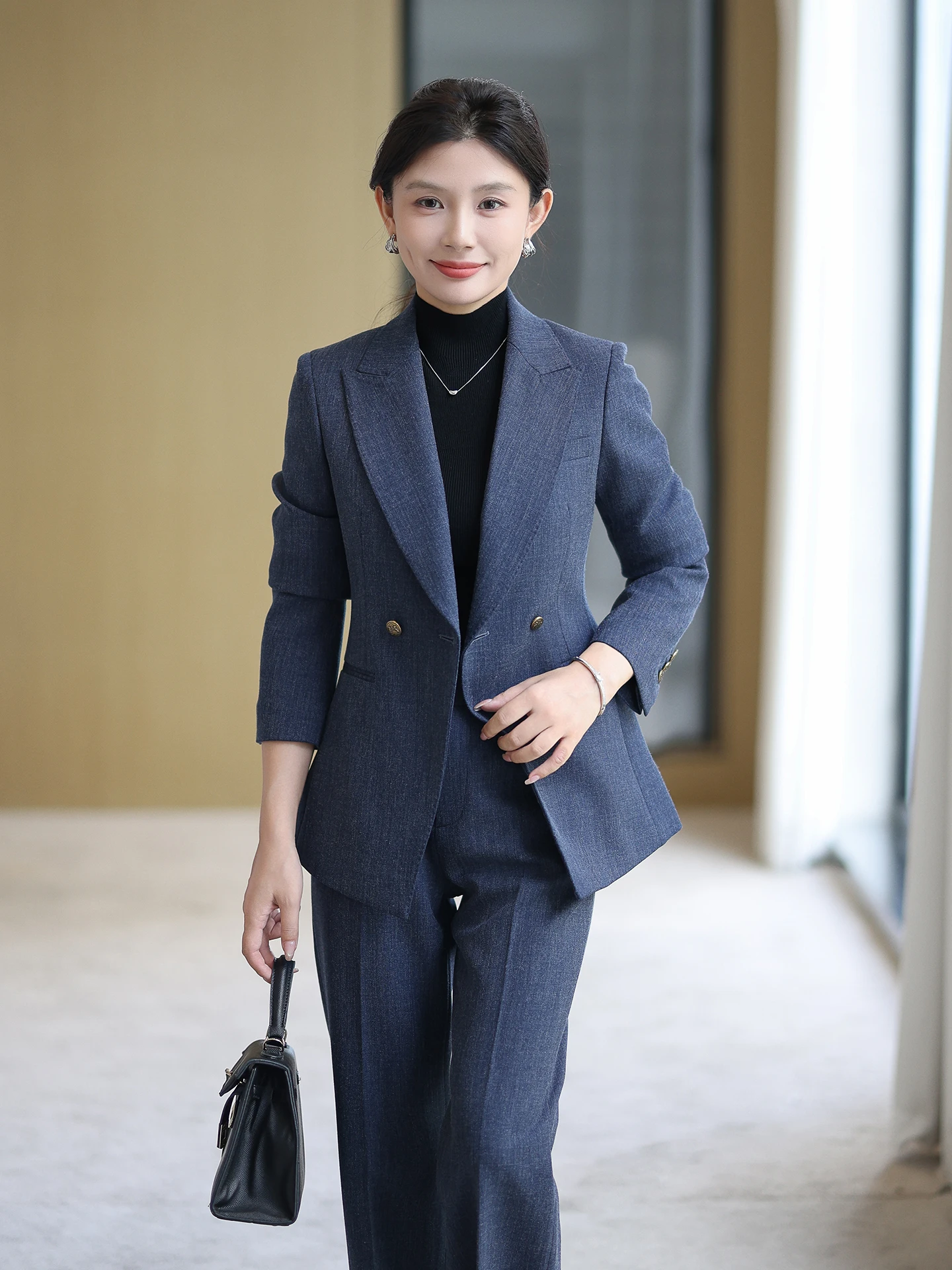 

Busin Casual Women's Tailored Suiting Set in Deep Blue Profional Commute Ready Wool Blend Four Button Cuff Pants