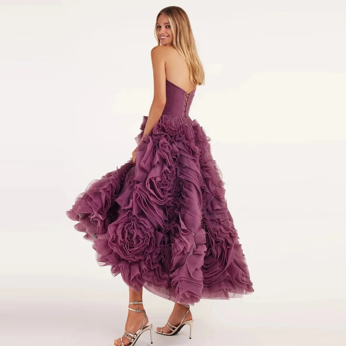 Nieuwe Couture SexyPurple Tiered Galajurken Off Schouder Enkellange Tule Strapless Galajurk Een Lijn Weelderige Galajurk Backless