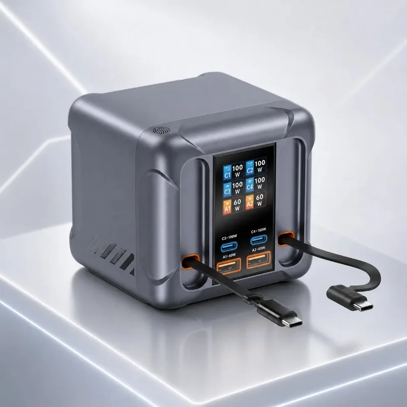 300W Multi-Port USB Wall Charger with Built-in Cable for Fast Charging Smartphones Tablets
